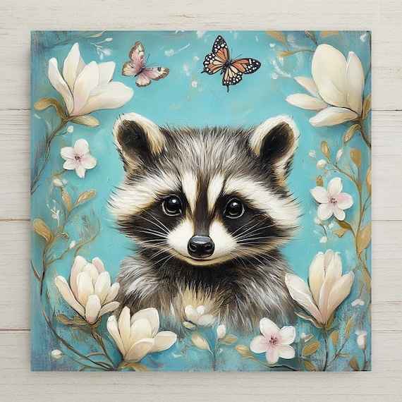Whimsical Raccoon Ceramic Tile Art: Magnolia Blossoms Teal Wall Decor, Woodland Animal Gift