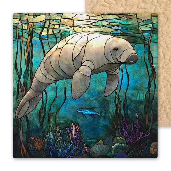 Manatee Ceramic Tile Art, Stained Glass Ocean Wildlife Decor, Coastal Sea Life Gift, Tranquil Underwater Wall Art, Florida Home Accent