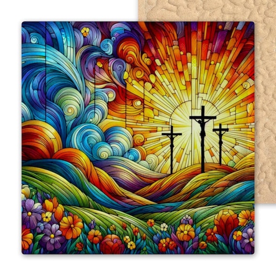 Christian Art Ceramic Tile: Stained Glass Cross, Religious Wall Decor