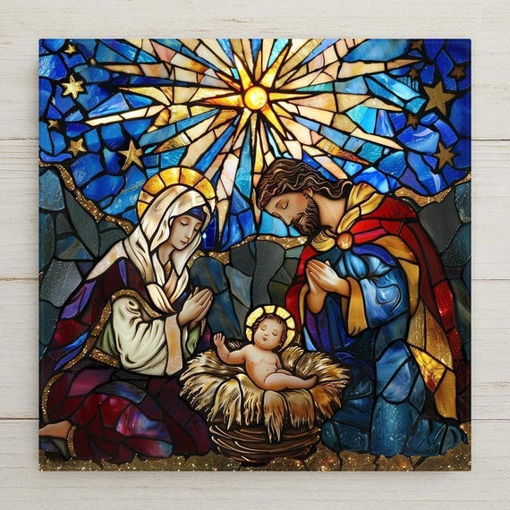 Handcrafted Stained Glass Nativity Ceramic Tile Art: Holy Family Christmas Decor, Religious Holiday Ornament Home Decor Wall Art