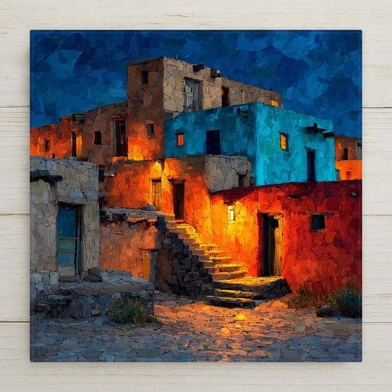 Taos Pueblo Night Wall Art Ceramic Tile Stained Glass Style New Mexico Gift Southwest Adobe Place Identity