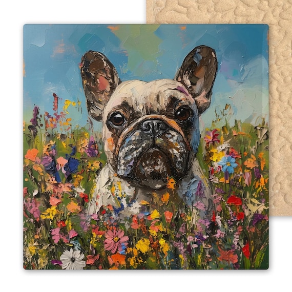 French Bulldog Ceramic Tile Art – Colorful Wildflower Dog Wall Art, Textured Impasto Pet Decor, Handmade Whimsical Home Decoration Gift