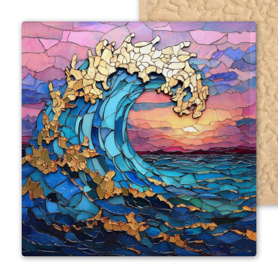 Handmade Stained Glass Ceramic Tile: Dramatic Sunset Ocean Wave Wall Art - Coastal Beach Decor Gift