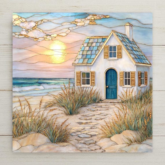 Coastal Cottage Wall Art Ceramic Tile – Beach House Sunset Ocean Decor – Seaside Home Decor – Coastal Wall Decor Gift