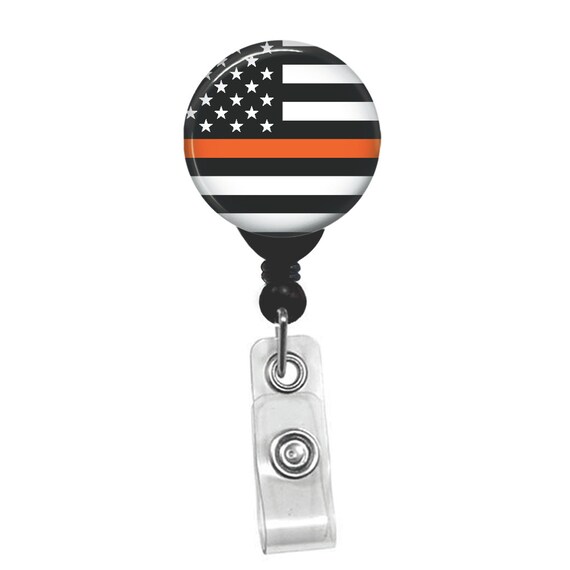 Thin Orange Line USA American Flag Badge Reel Lanyard Name ID Card Retractable Badge Holder