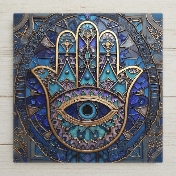 Hamsa Hand Wall Art Ceramic Tile – Stained Glass Evil Eye Home Decor, Boho Spiritual Protection Wall Decor