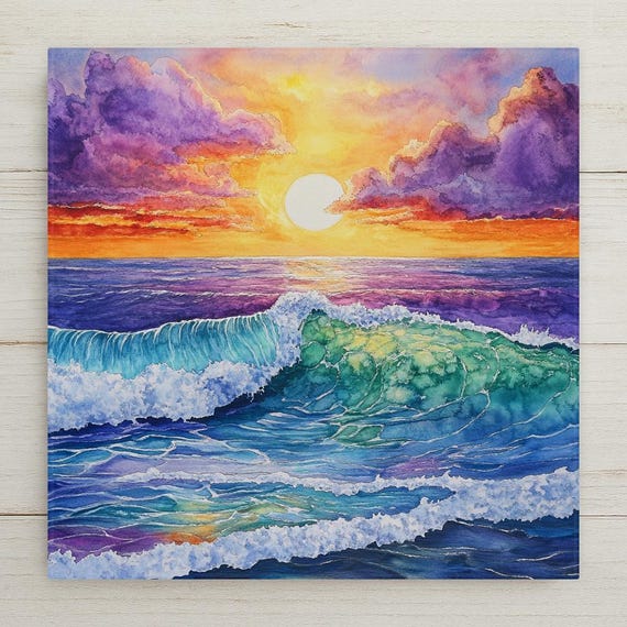 Handcrafted Ocean Sunset Ceramic Tile: Watercolor Seascape Wall Art for Beach Lovers