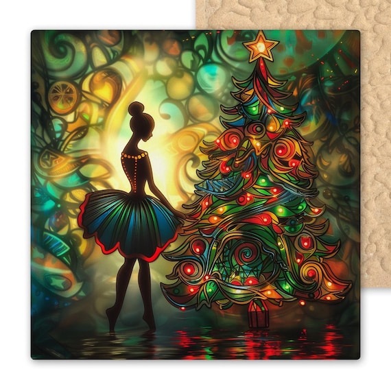 Stained Glass Christmas Ballerina Ceramic Tile Wall Art Nutcracker Holiday Tree Festive Dance Décor Gift Print