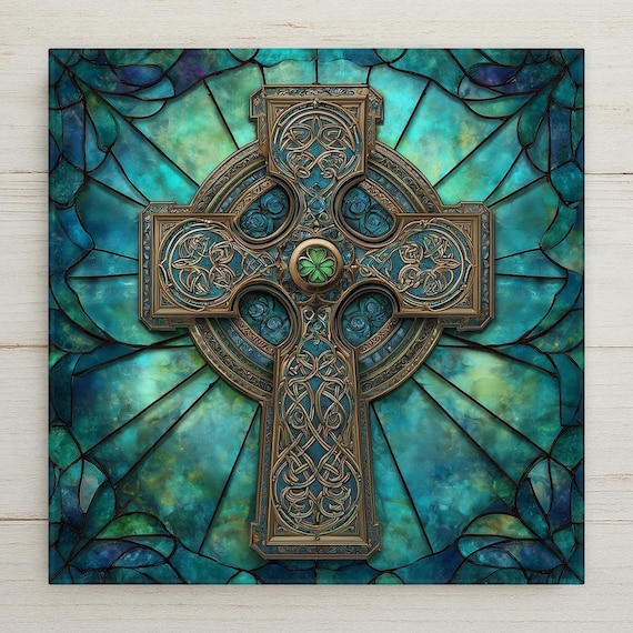 Celtic Cross Ceramic Tile Wall Art - Stained Glass Style Knotwork with Shamrocks, Irish Christian Home Decor Gift