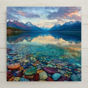 Lake McDonald Ceramic Tile Wall Art - Glacier National Park Montana Stained Glass Style Mountain Home Decor
