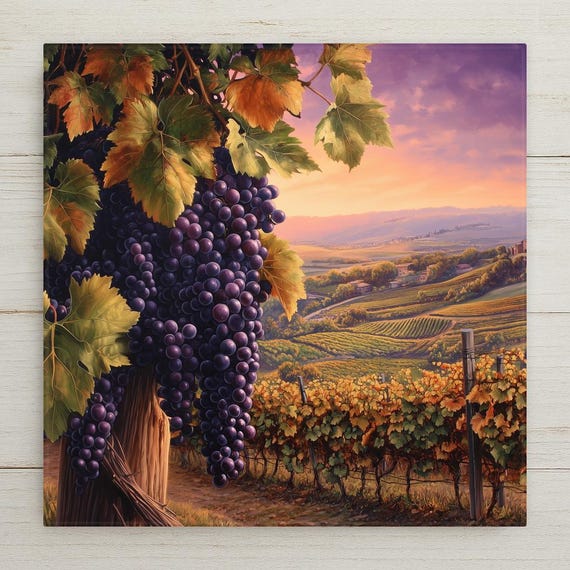Tuscany Vineyard Ceramic Art Tile: Rustic Wine Country Kitchen Decor