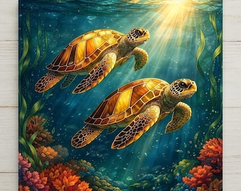 May include: Two sea turtles with golden-brown patterned shells swimming through deep blue ocean water. Sunlight streams from the surface above, illuminating the turtles and the vibrant orange and red coral reef located at the bottom of the scene.