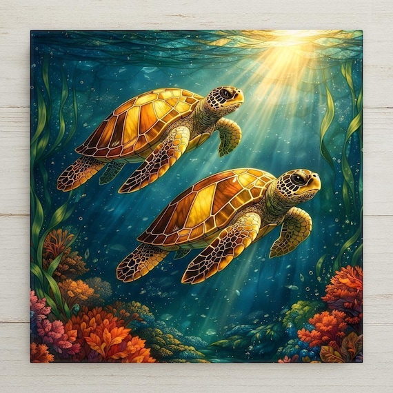 Sea Turtle Wall Art Ceramic Tile – Stained Glass Coastal Ocean Decor Beach House Home Decor Gift
