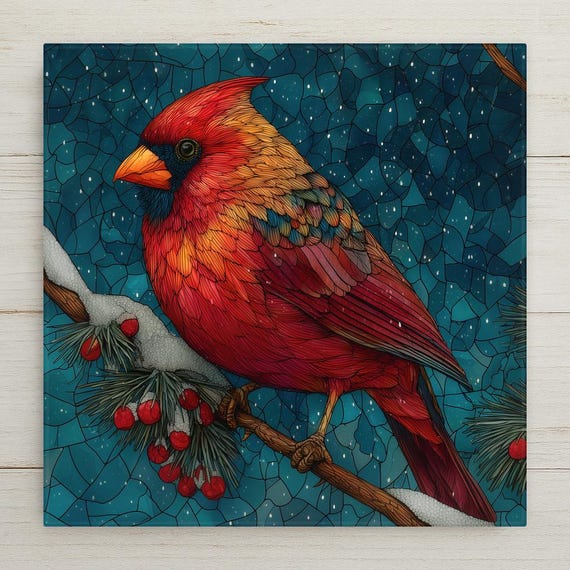 Cardinal in Snow Wall Art Ceramic Tile Stained Glass Style Christmas Bird Lover Gift Memorial Decor Art