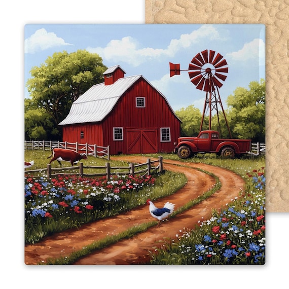 Rustic Red Barn Ceramic Tile Art - Farmhouse Wall Decor with Truck, Windmill & Wildflowers