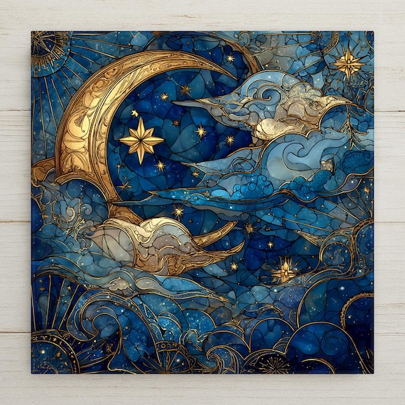 Moon & Stars Ceramic Tile Wall Art – Stained Glass Style Night Sky, Celestial Wall Decor, Mystical Home Decor