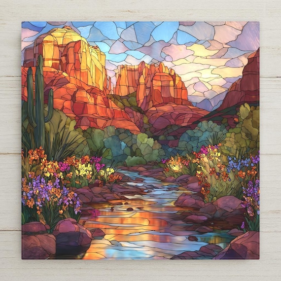 Sedona Red Rock Ceramic Tile Wall Art - Stained Glass Style Desert Landscape Southwest Home Decor Statement Piece