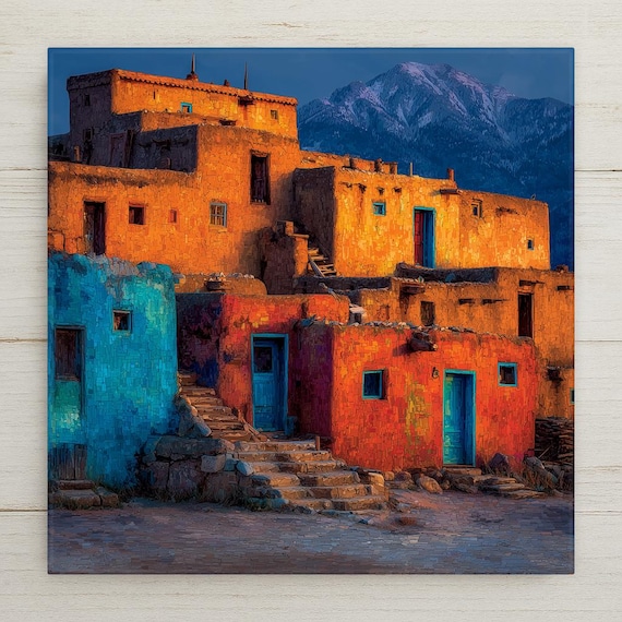 Taos New Mexico Wall Art Ceramic Tile Stained Glass Style Southwest Gift Adobe Pueblo Decor Place Identity