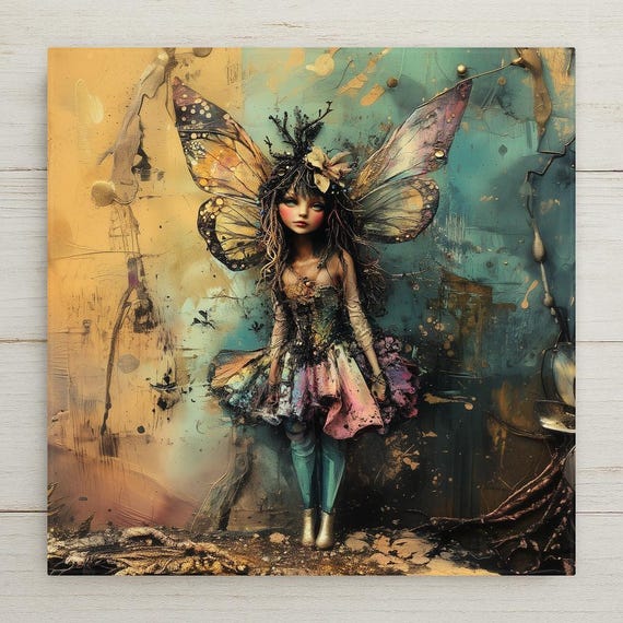 Enchanting Coquette Fairy Ceramic Tile Art - Whimsical Fantasy Wall Decor with Butterfly Wings