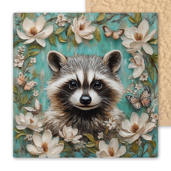 Curious Raccoon Ceramic Tile Art – Whimsical Raccoon with Blossoms Wall Art – Nature Animal Home Decor Gift – Teal Magnolia Flowers
