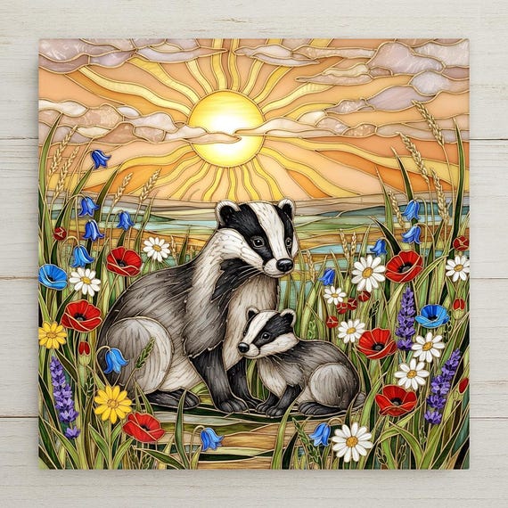 Badger Wall Art Ceramic Tile Woodland Wildlife Home Decor Stained Glass Style Meadow Scene – Rustic Wall Decor – Nature Inspired Home Decor