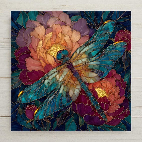Dragonfly Peony Wall Art Ceramic Tile Stained Glass Style Botanical Floral Garden Nature Gift Decor Art