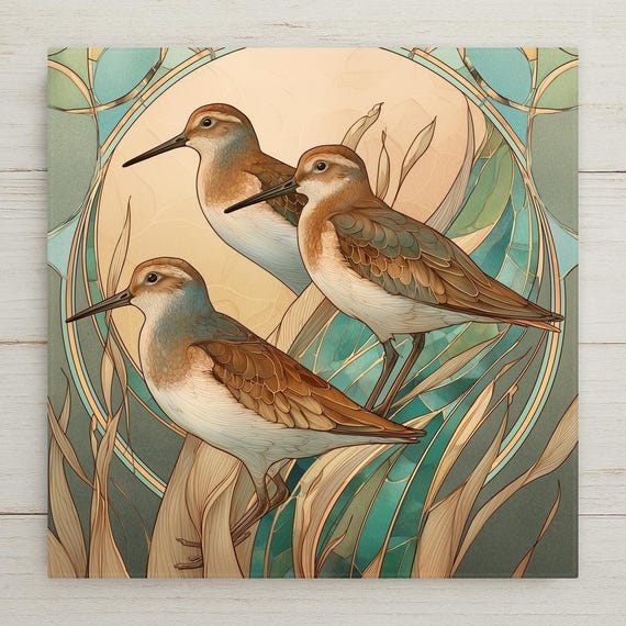 Sandpiper Trio Ceramic Tile Wall Art - Coastal Bird Stained Glass Style Beach House Ocean Home Decor Accent