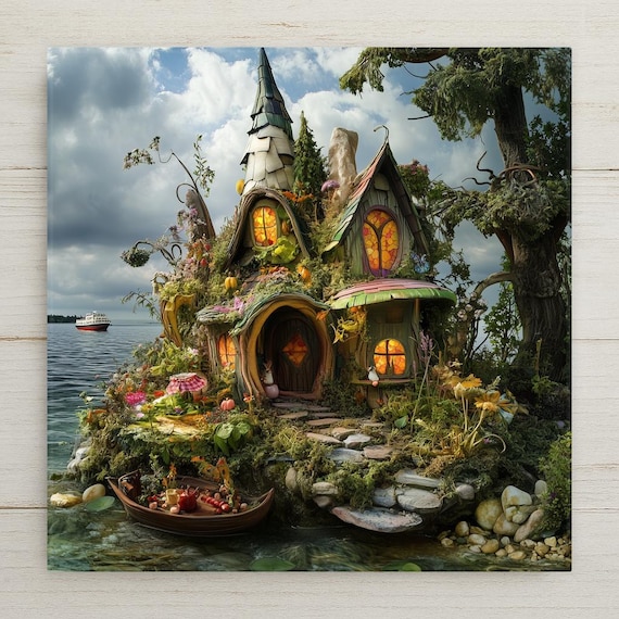 Whimsical Ceramic Fairy House Tile Art - Enchanted Fantasy Cottage Wall Decor - Magical Home Gift