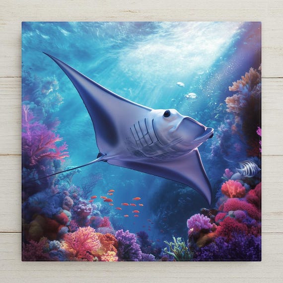 Manta Ray Ceramic Tile Art: Ocean Coral Reef Decor