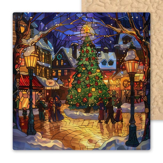 Stained Glass Style Christmas Town Ceramic Tile Art: Holiday Decor