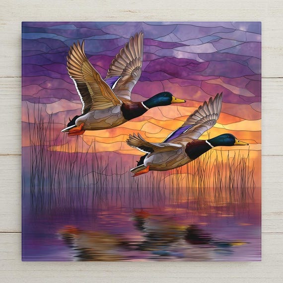 Mallard Ducks Ceramic Tile Wall Art – Stained Glass Style Bird Decor, Lake Sunset Artwork, Nature Home Decor Gift