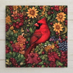 Red cardinal ceramic tile in rich William Morris-inspired floral style. Features golden sunflowers, berries, and lush woodland foliage. A perfect gift for bird lovers, gardeners, or fans of Art Nouveau decor. This detailed ceramic tile brings warmth, symbolism, and seasonal beauty to any room. Ideal for wall display, entryways, or cottage-style homes. Glossy finish enhances the vibrant colors and intricate natural design. A timeless piece of nature-inspired art.