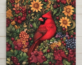 Cardinal Wall Art Ceramic Tile Art Nouveau Gift William Morris Red Cardinal Decor Memorial Bird Sympathy Nature