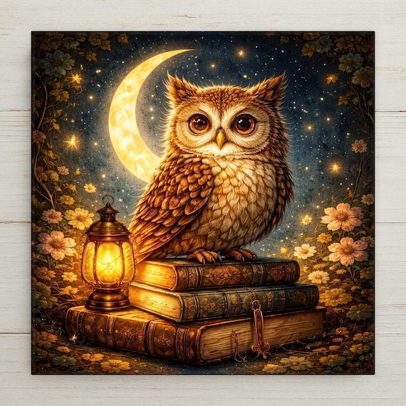 Owl Ceramic Tile Wall Art – Stained Glass Style Moonlit Wildlife Decor, Owl Lover Gift, Nature Fantasy Wall Art
