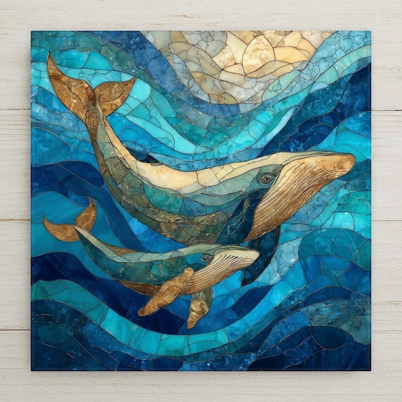 Whale Stained Glass Art Tile Ocean Wall Art Coastal Marine Life Home Decor Nautical Sea Inspired Accent Decorative Tile