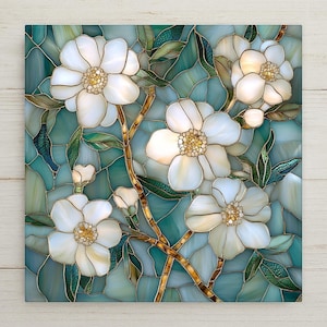 Art Nouveau Cherry Blossom Tile: Teal Floral Ceramic Wall Art