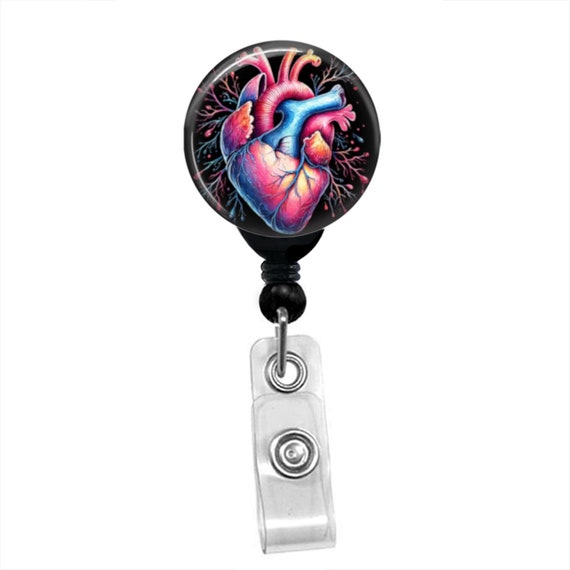 Cardiology Human Heart Badge Reel – Watercolor Heart Nurse ID Holder – Medical Badge Clip – Retractable Nurse Badge – Heart Anatomy Art