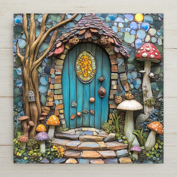 Mosaic Fairy House Ceramic Tile Art: Blue Door Cottagecore Decor