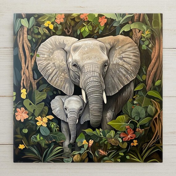 Elephant Tile Art: Ceramic Audubon Wildlife Jungle Decor Wall Hanging Safari Botanical Illustration