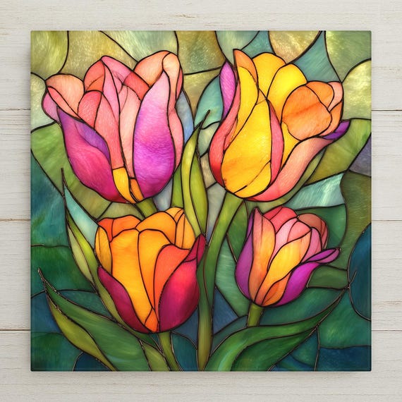 Stained Glass Style Tulip Ceramic Tile Wall Art – Colorful Floral Home Decor, Botanical Spring Wall Decor, Cottage Garden Art Tile