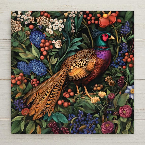 Vibrant Pheasant Ceramic Tile Art - Colorful Game Bird Wall Decor with Floral Garden Design