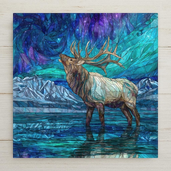 Elk Ceramic Tile Wall Art – Stained Glass Mountain Design, Nature Home Decor, Wilderness Wall Decor Gift for Wildlife Lovers