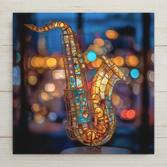 Art Nouveau Saxophone Ceramic Tile: Stained Glass Inspired Jazz Wall Decor, Blue & Gold Musicians Gift