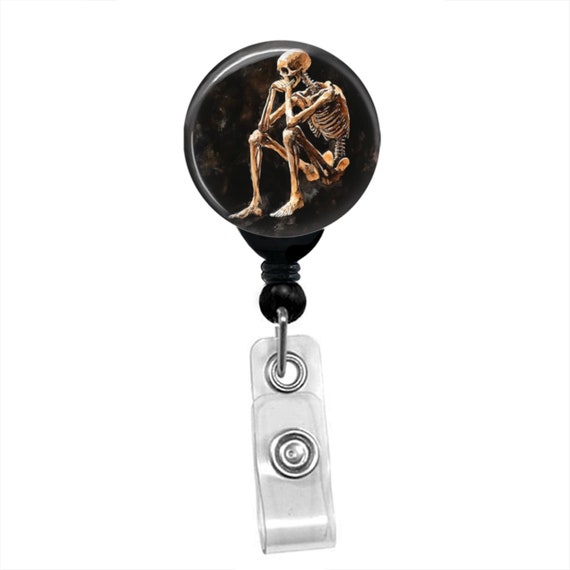 Thinking Skeleton Badge Reel – Funny Nurse Badge Holder – Skeleton ID Badge Clip – Retractable ID Reel – Medical Halloween Badge Reel