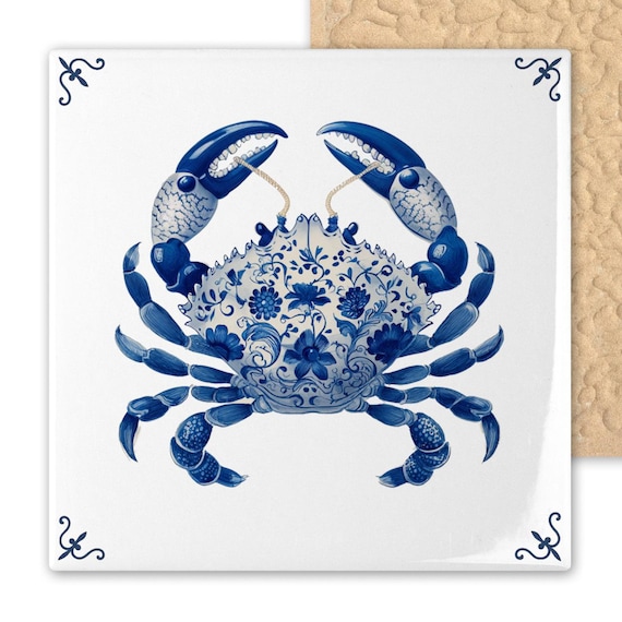 Blue Delft Crab Ceramic Tile Art - Nautical Coastal Wall Decor - Dutch Style Sea Life Design for Beach House or Ocean Lovers