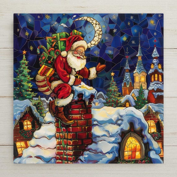 Festive Stained Glass Santa Tile Art: Unique Christmas Eve Holiday Wall Decor for Seasonal Home Decor Wall Art