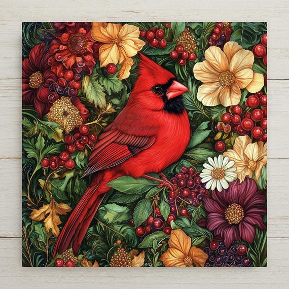 Red Cardinal Ceramic Tile: William Morris Art Nouveau Floral Decor