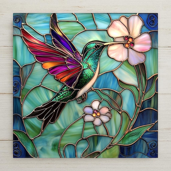 Vibrant Hummingbird Ceramic Tile Art - Stained Glass Style Nature Decor - Handmade Spring Wall Gift