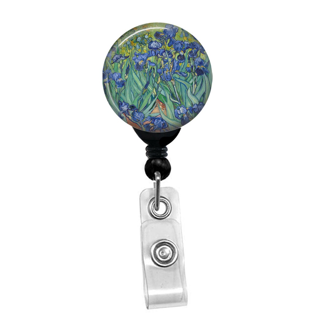 Vincent Van Gogh Irises Adjustable Lanyard with PU Leather ID Badge Holder with 3 Card Pockets & Matching Note Card Adjustable 15.5-25.5 Carabiner Keychain Flashlight 39-65CM 