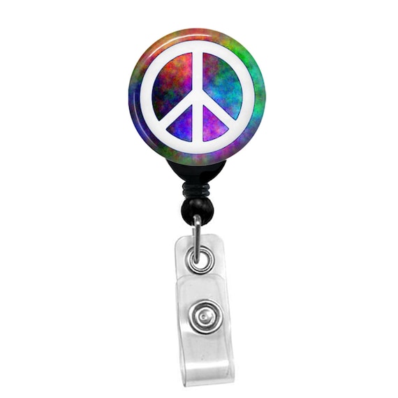 Rainbow Tie Dye Peace Sign Badge Reel – Colorful Hippie Badge Holder – Retro Clip for Nurses, Teachers, ID Name Tag Accessories